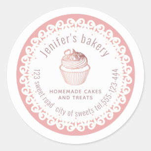 Sticker Rond Dentelle dorée rose cupcakes et gâteries maison