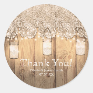 Sticker Rond Dentelle en bois rustique et mariage allumé de pot