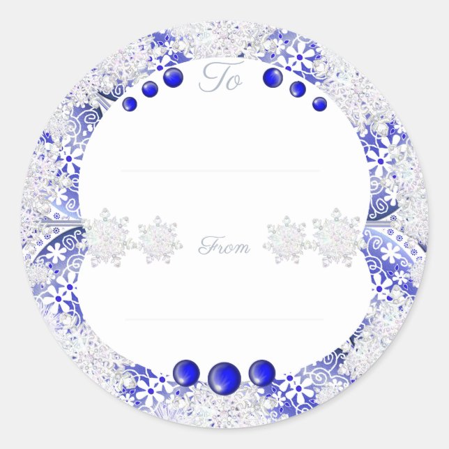 Sticker Rond Dentelle en céramique Bleu de Grèce & flocon de ne (Devant)