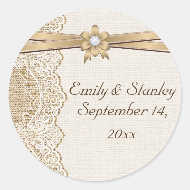 Sticker Rond Dentelle, fleur de ruban et mariage de burlap Enre (Devant)