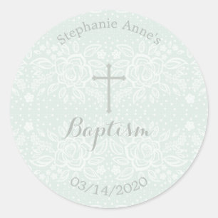 Sticker Rond Dentelle florale sensible opale bleue de baptême