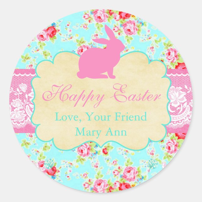 Sticker Rond Dentelle florale Shabby Chic Happy Pâques Personna (Devant)