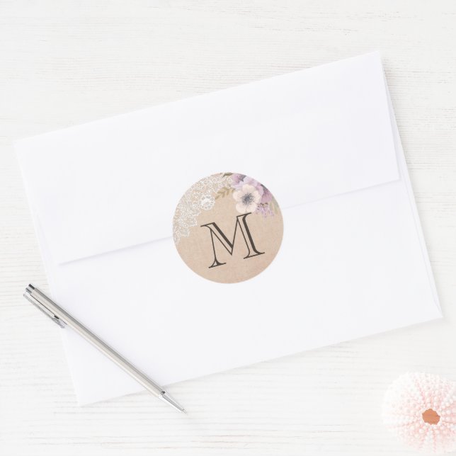 Sticker Rond Dentelle Rustique Burlap Rose Florogramme (Enveloppe)