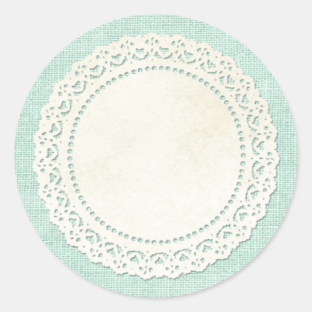 Sticker Rond Dentelle rustique Doily sur Aqua Blue Burlap (Devant)