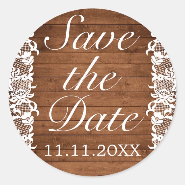 Sticker Rond Dentelle rustique et blanche Enregistrer la date M (Devant)