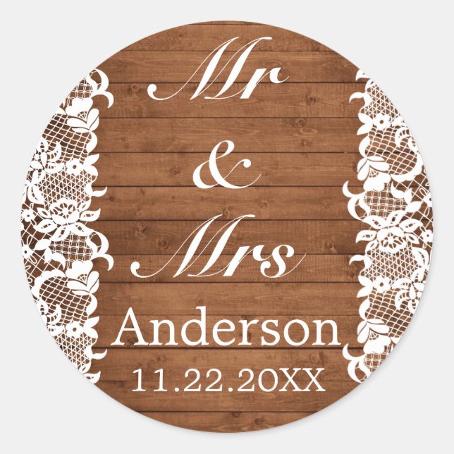 Sticker Rond Dentelle rustique et blanche M. MRS Mariage (Devant)