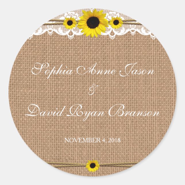 Sticker Rond Dentelle rustique, Fleurs Solaires, Mariage Burlap (Devant)