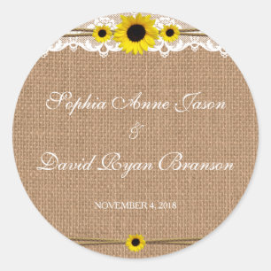 Sticker Rond Dentelle rustique, Fleurs Solaires, Mariage Burlap
