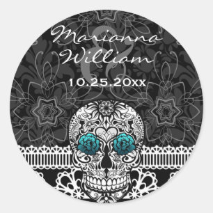 Sticker Rond Dentelle Sugar Skull Day of Dead Save the Date
