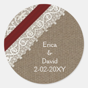 Sticker Rond Dentelles et burlap rouges FAUX, joints mariages