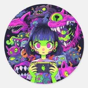 Sticker Rond Déplaisante mignonne horreur Anime Gamer Girl