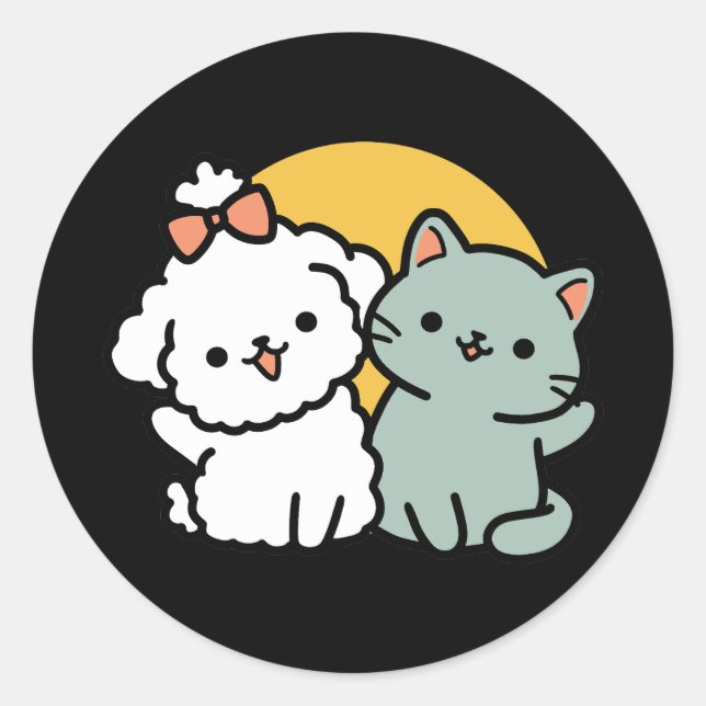 Sticker Rond Des amis vrais pour toujours | Cute Cat & Chien Du (Devant)