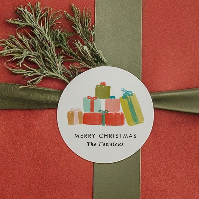 Sticker Rond Des cadeaux de Noël en aquarelle (Cheerful Watercolor Christmas Presents Classic Round Sticker)