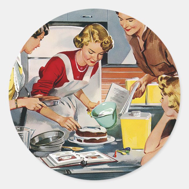 Sticker Rond Des femmes rétro cuisinent un gâteau (Devant)