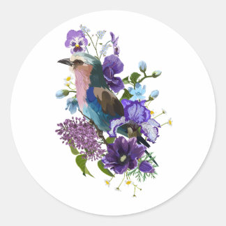 Sticker Rond Design été avec fleurs d'oiseaux et de violets.