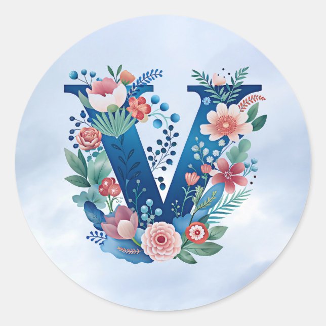 Sticker Rond Design floral décoratif monogramme "V" (Devant)