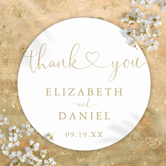 Sticker Rond Design Gold Heart Script Merci Mariage Faveur (Modern Gold Heart Script Thank You Wedding Favor Classic Round Sticker)