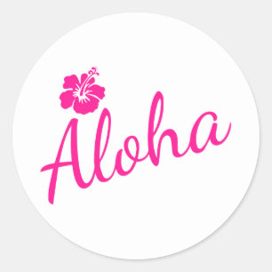 Sticker Rond Design original en texte rose ALOHA et fleur