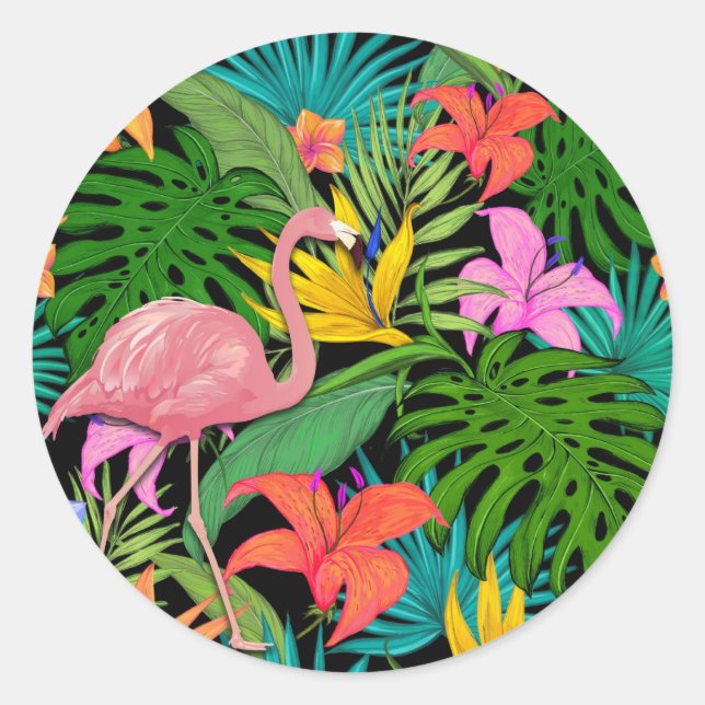 Sticker Rond Design tropical coloré - feuilles flamands et palm (Devant)