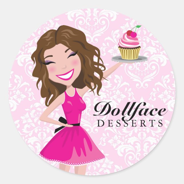 Sticker Rond Desserts 311 Dollface Brownie Pink Damask (Devant)