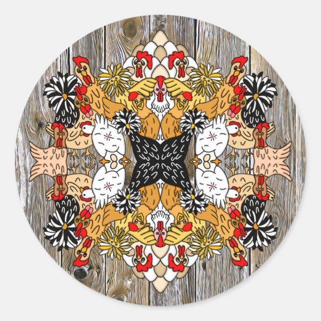Sticker Rond Dessin à la main amusant Poulets de dessin (Devant)