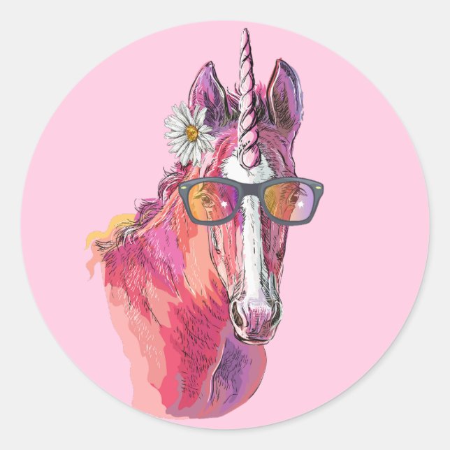 Sticker Rond Dessin à la main Unicorne rose (Devant)