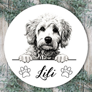 Sticker Rond Dessin à main pour chien Goldendoodle Personnalisé