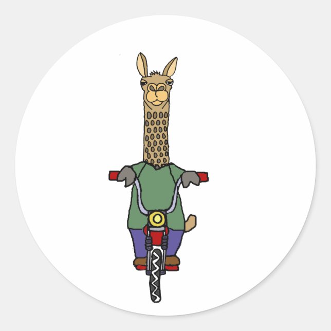 Sticker Rond Dessin à vélo cool Llama équitation (Devant)