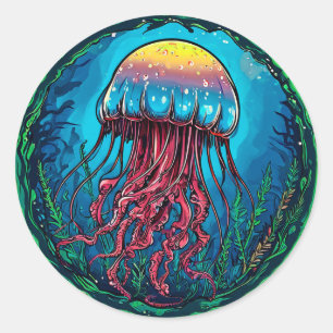 Sticker Rond Dessin animé de méduse