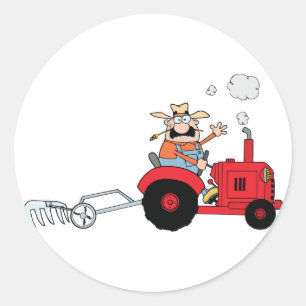 Sticker Rond Dessin animé humoristique de tracteur de fermier d