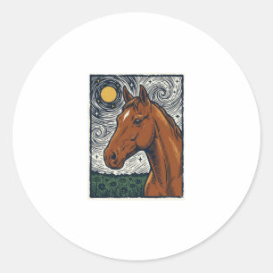 Sticker Rond Dessin artistique de cheval gravé vintage nuit éto