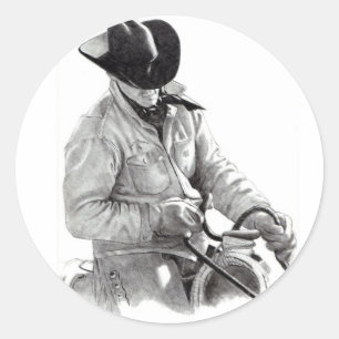 Sticker Rond Dessin au crayon de Cowboy à Saddle, Art Occidenta
