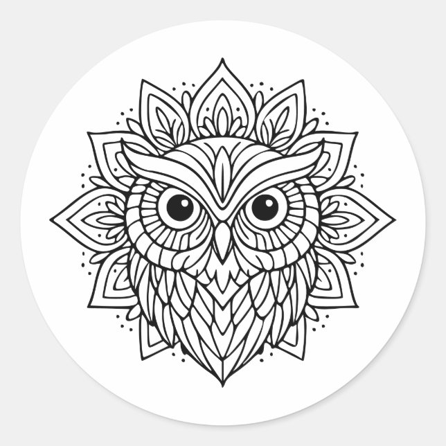 Sticker Rond Dessin au trait de tête de hibou Mandala (Devant)