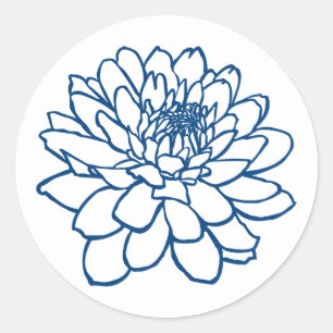 Sticker Rond Dessin Chrysanthemum - Style Indigo Bleu