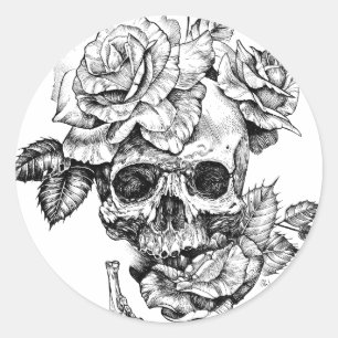 Sticker Rond Dessin crâne humain et encre noire rose