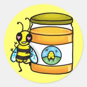 Sticker Rond Dessin d'abeille appuyé sur un pot de miel