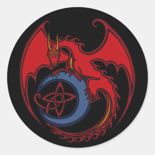 Sticker Rond Dessin de dragon celtique noir rouge et de lune