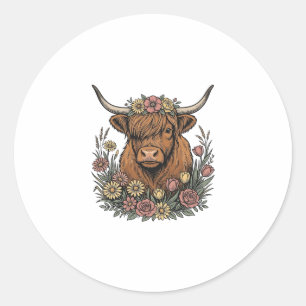 Sticker Rond Dessin de gravure vintage de vache highland floral
