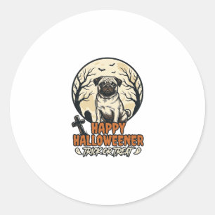 Sticker Rond Dessin de gravure vintage Pug Halloween Trick or T