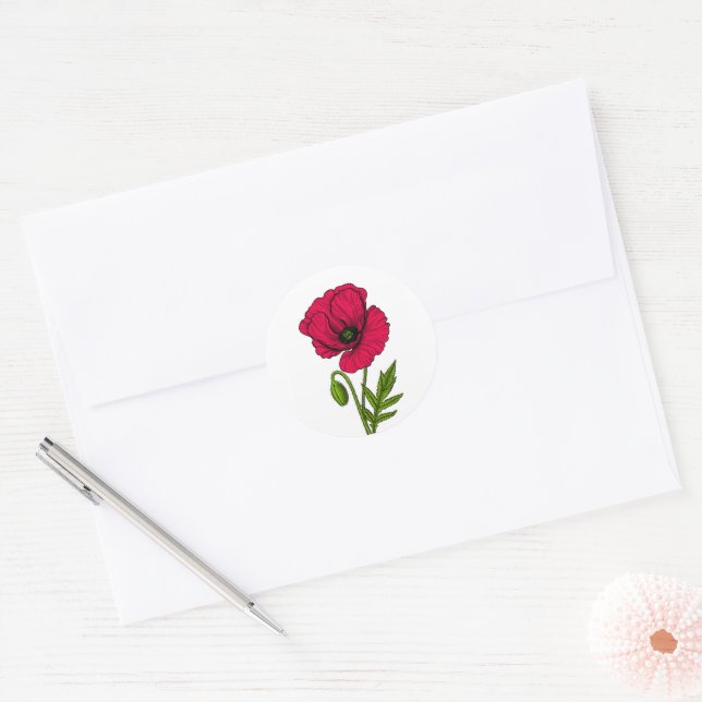 Sticker Rond Dessin de pavot rouge (Enveloppe)