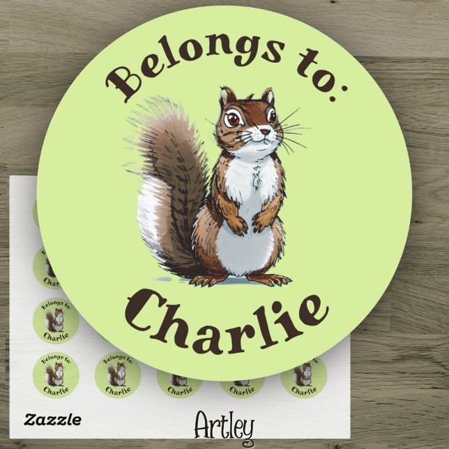 Sticker Rond Dessin d'écureuil vert mignon Nom personnalisé Éti (Créateur téléchargé)