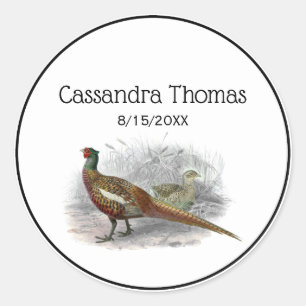 Sticker Rond Dessin d'oiseau de gibier Faisan vintage couleur #