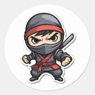 Sticker Rond Dessin du guerrier Chibi Ninja - Fierce Martial Ar
