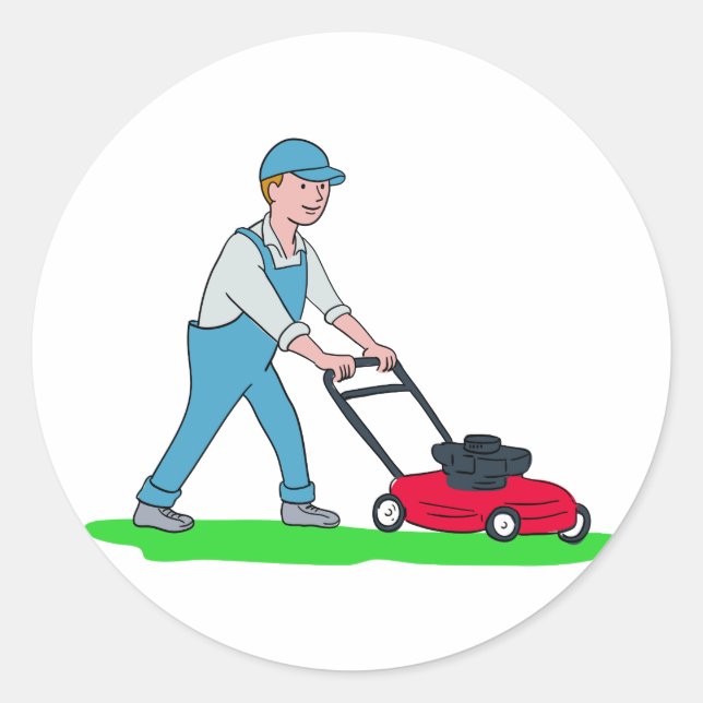 Sticker Rond Dessin du jardinier de sciage de pelouse (Devant)
