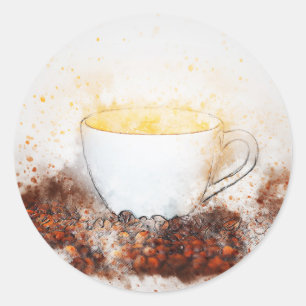 Sticker Rond Dessin d'une Hot Cup de café parmi les fèves de ca
