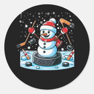 Sticker Rond Dessin Hockey Sur Glace Puck Snowman Avec Santa Ha