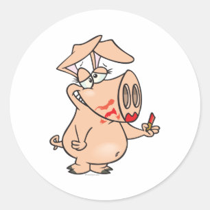 Sticker Rond dessin humoristique de cochon de rouge à lèvres dé