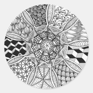Sticker Rond Dessin Mandala en noir et blanc