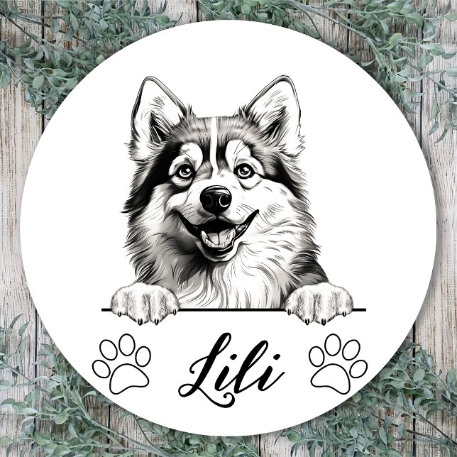 Sticker Rond Dessin personnalisé de chien Pomsky à la main (Créateur téléchargé)