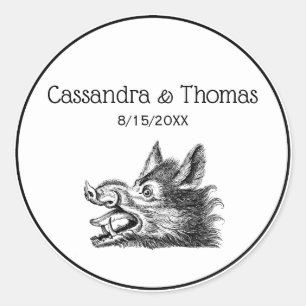Sticker Rond Dessin tête de sanglier vintage en noir et blanc